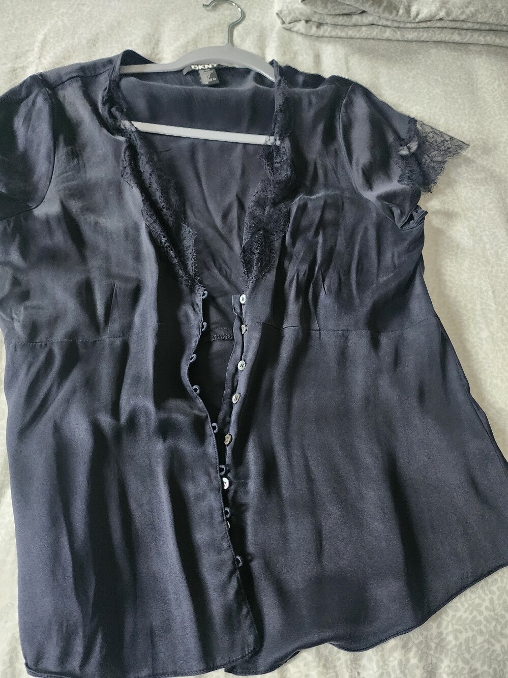 DKNY Navy Satin Lace-Trim Button Front Blouse